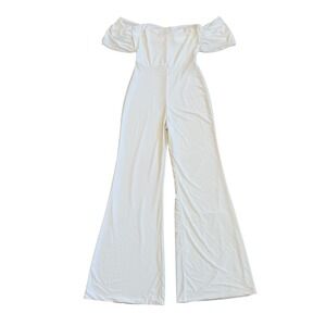 Club L London Off Shoulder Jumpsuit White Bell Bottom Women's Size US‎ 2 Glam